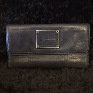 B. Makowsky Black Leather Clutch with Silver Logo Plate